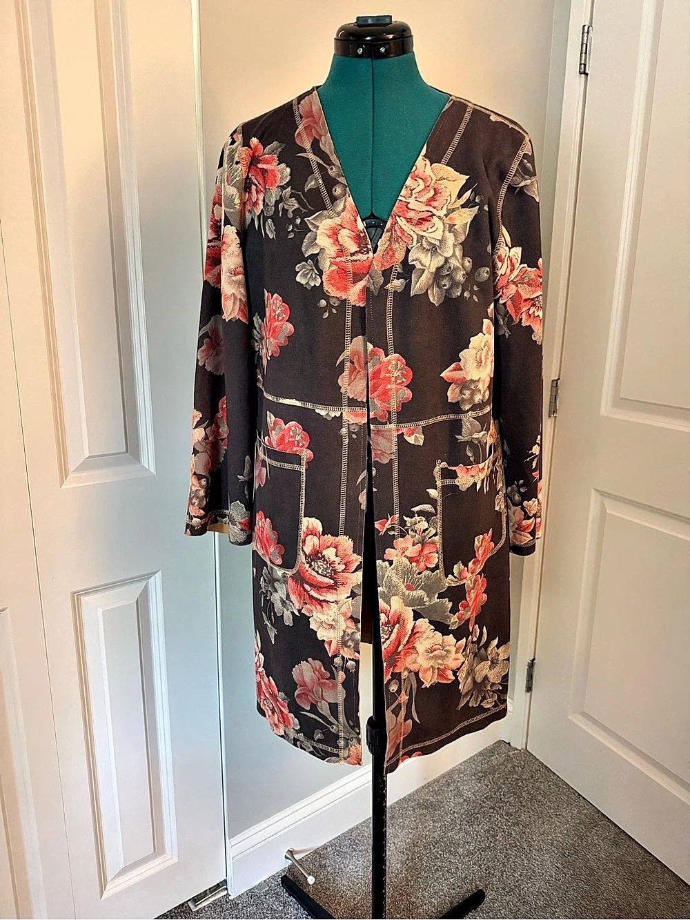 Solitaire Floral Open Front Jacket Cardigan Reverse Stitch Boho Fall Autumn